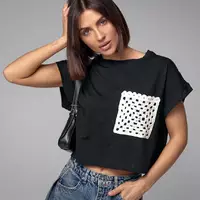 Укороченная футболка с ажурным карманом - черный цвет, L (есть размеры)