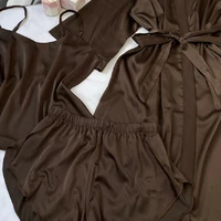 Шелковый комплект тройка халат и пижама с шортами цвет ШОКОЛАД, ткань шелк Армани