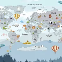 Постер наклейка Мапа світу на українській мові із тваринами і рибками у блакитному кольорі 150*98 см
